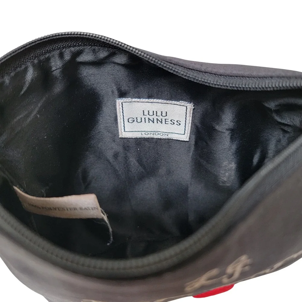 Lulu Guinness Black Satin Cosmetic Bag Embroidered Lipstick Glamour Girl Vintage
